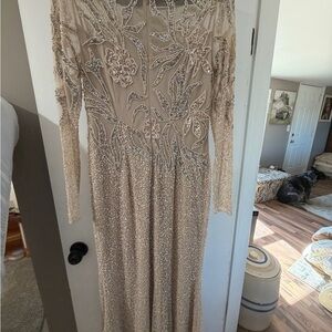 Adrianna Papell Beaded Long Sleeve Dress in Cream size 10
